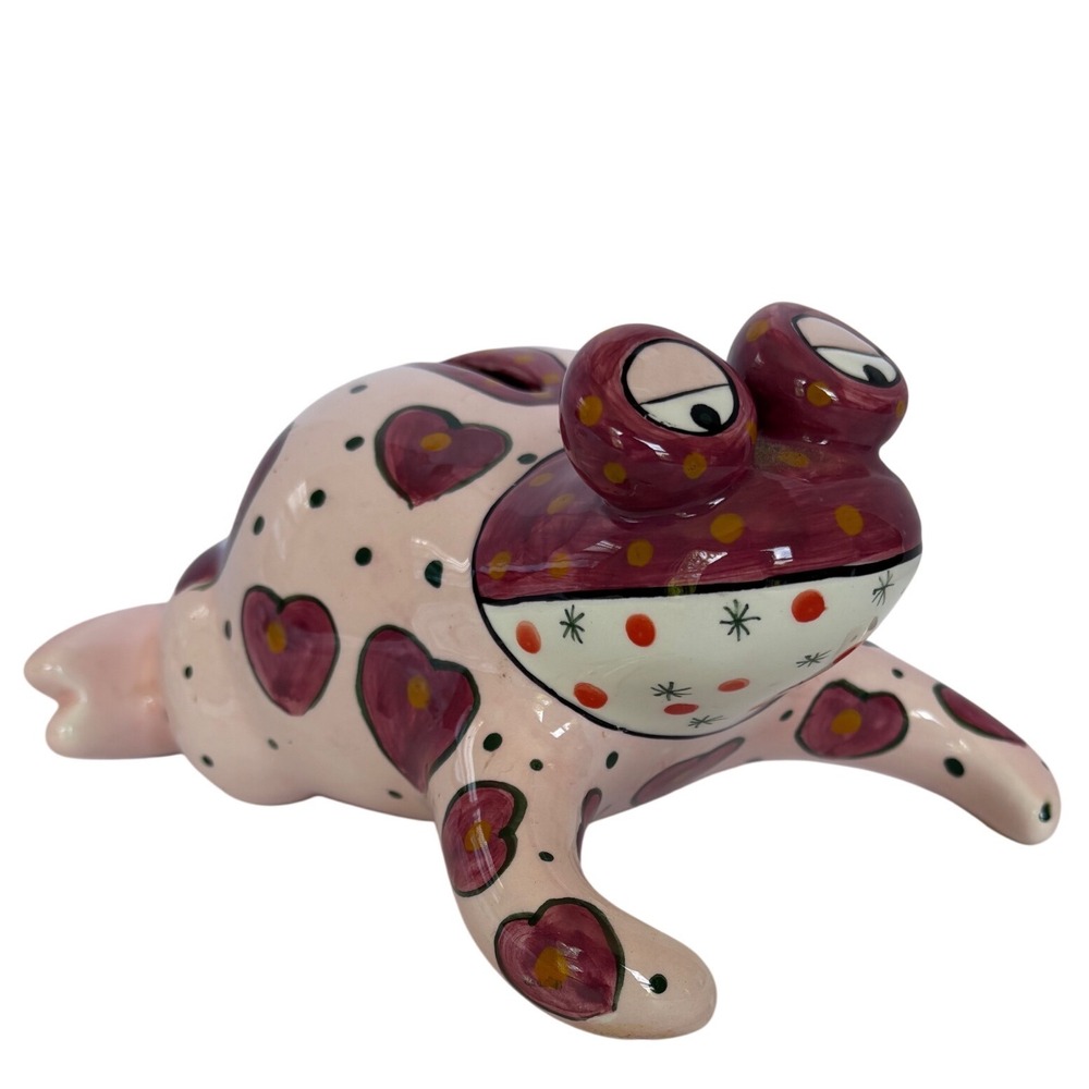 Ganz Pati Ceramic Frog Piggy Bank Pink Burgundy Heart Polka Dot Whimsical Decor